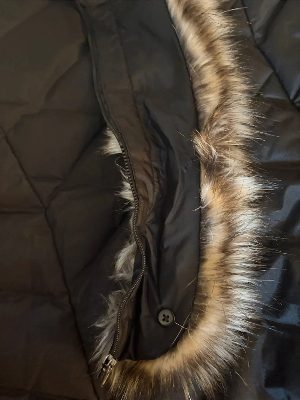Eddie Bauer Black Long Hooded Quilted Coat with Faux Fur Hood Trim